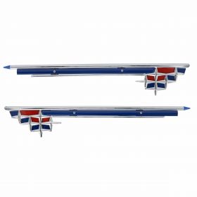 Blue and red chrome metal perimeter embellishers for left and right hood